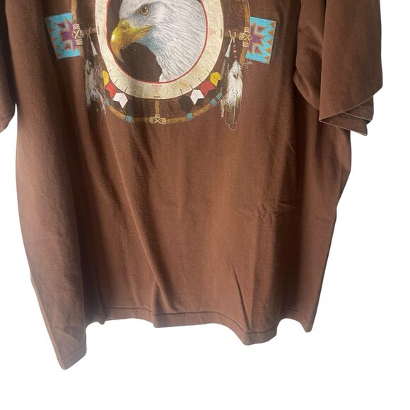 Alore USA Size XL Vintage 90s Native Eagle Feathers Brown Short Sleeve T Shirt - Picture 3 of 7